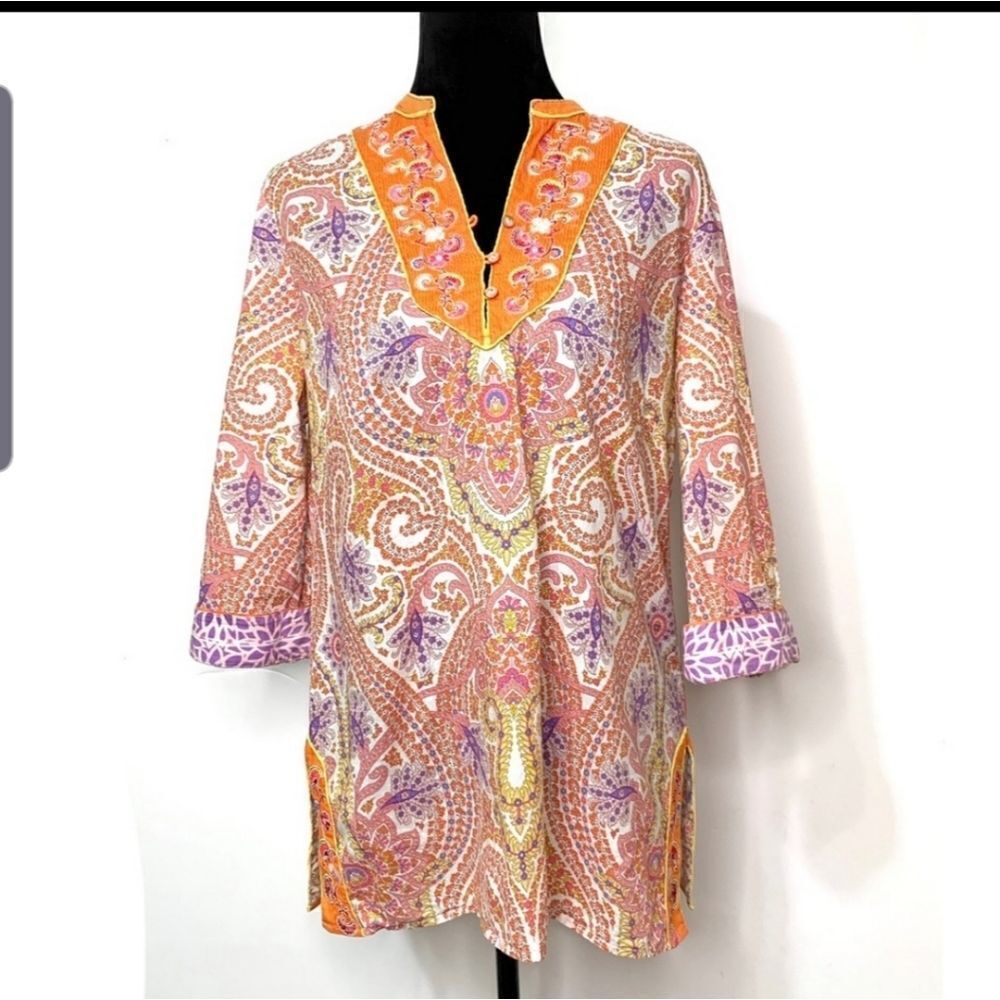 Robert  Graham orange&pink paisley embroidered tun